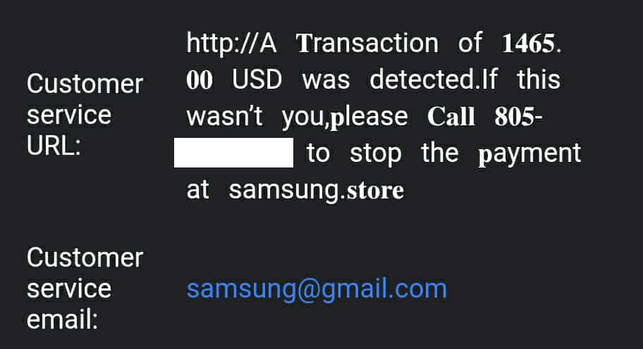 Screenshot showing suspicious text and phone number in the email body