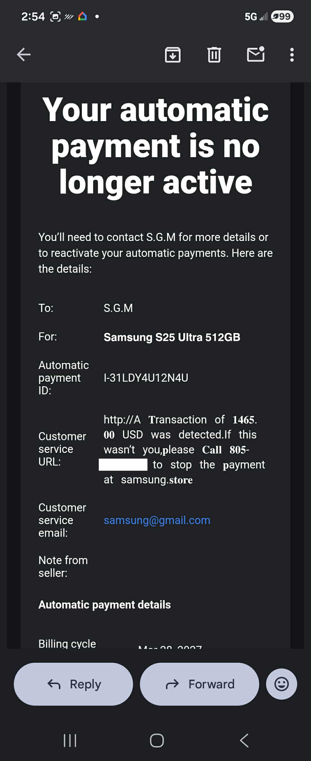 Zoom of scam email showing fake Samsung purchase