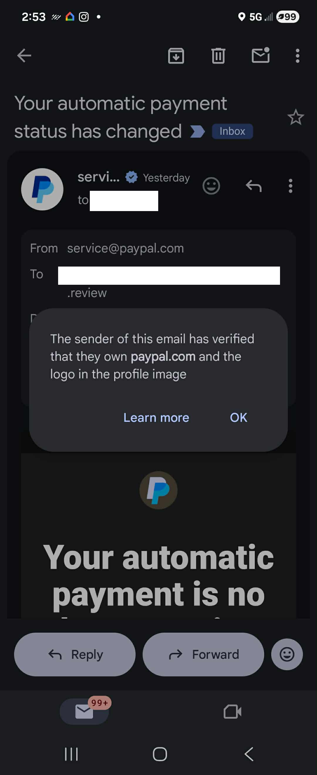 Screenshot of PayPal email showing automatic payment notice