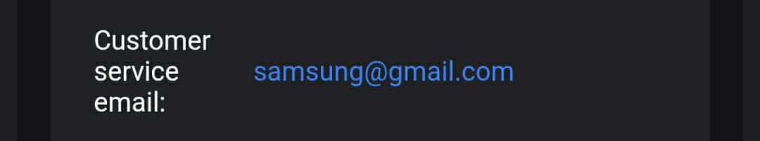 Zoom showing customer service email listed as samsung@gmail.com
